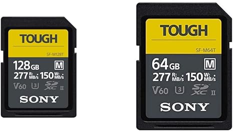 Sony Tough-M Series SDXC UHS-II Card 128GB, V60, CL10, U3, Max R277MB/S, W150MB/S (SF-M128T/T1) & Tough-M Series SDXC UHS-II Card 64GB, V60, CL10, U3, Max R277MB/S, W150MB/S (SF-M64T/T1)