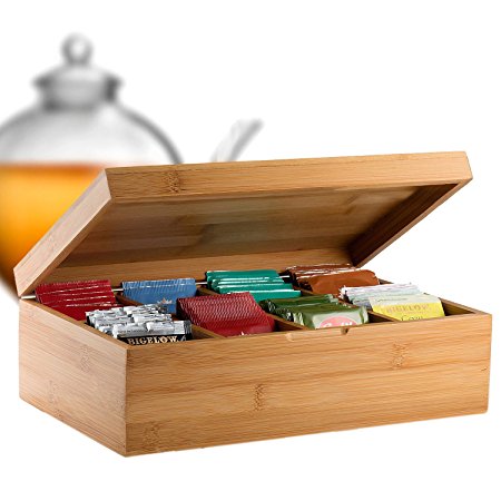 Bambüsi by Belmint 8-Compartment Tea Storage Box with Hinged Lid ✦ Crafted of 100% Natural Bamboo (Hinged Lid)