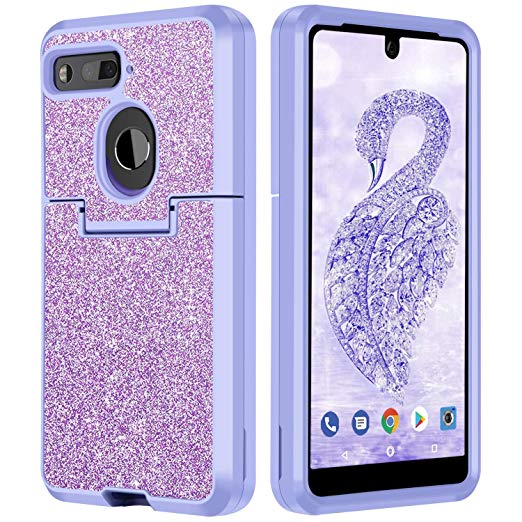 Case for Essential Phone PH-1,DUEDUE Shockproof Glitter Sparkle Bling 3 in 1 Shiny Faux Leather Hard Case Soft Bumper Protective Phone Case Cover for Essential Phone PH-1, Purple