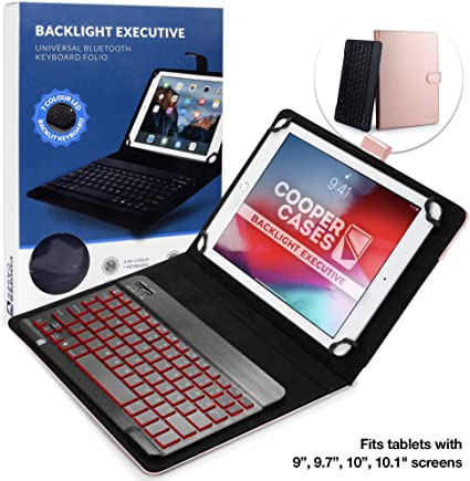 Cooper Backlight Executive Keyboard Case for 9'', 10'', 10.1'' inch Tablets | 2-in-1 Bluetooth Wireless Backlit Keyboard, 7 Color Keys (Rose Gold)