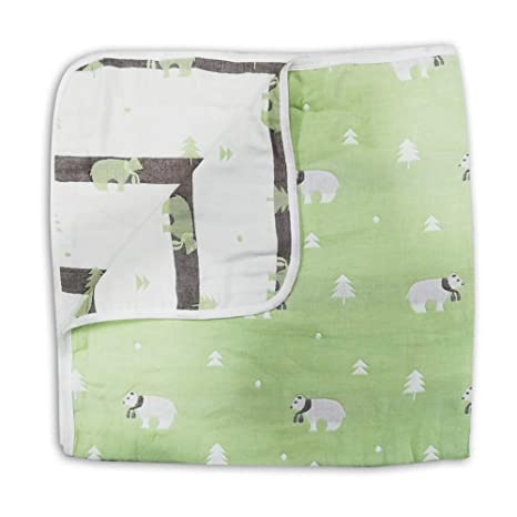 LuvLap 100% Muslin Cotton 6 Layered Reversible Baby Quilt Cum Wrapper Blanket - Green Bear