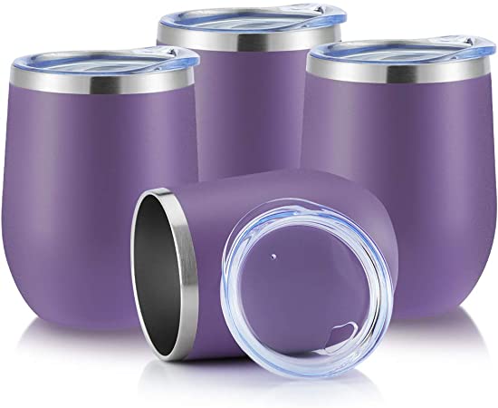 DOMICARE Insulated Wine Tumbler with Lid (4 Pack, Purple) - 12 OZ Stemless Double Wall Vacuum Traval Mug - Keeping Cold & Hot for Wine, Coffee, Cocktails, Drinks