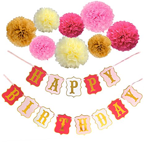 Malanka Happy Birthday Banner Decorations - 8 Colorful Paper Pom Poms Set - Large Letters with Pink Cream and Gold Colors - Any Age 1st 16 18 21 30 40 50 - Perfect Kit for Girl Birthday Party