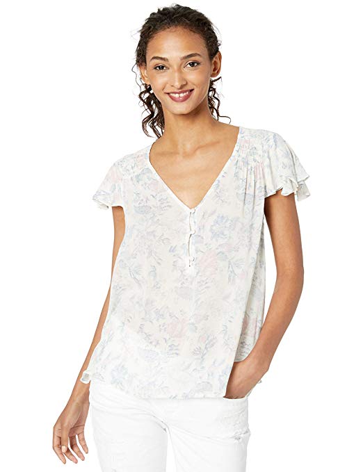 Lucky Brand Women's Printed V Neck Flutter Sleeve Shirt