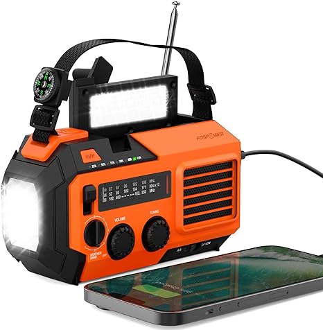 FosPower 5200mAh Emergency Radio (Model A6) NOAA Weather Alert Radio & Power Bank with IPX3 Rating, Solar Charging, Hand Crank, SOS, AM/FM/WB & LED Flashlight for Emergency Kit, Power Outages - Orange