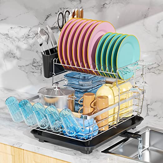 G-TING Dish Drying Rack, 2 Tier Detachable Dish Rack and Drainboard Set, Rust-Proof Drying Rack for Kitchen Counter, Large Capacity Dish Drainer with Utensils Holder and Cup Rack, Silver