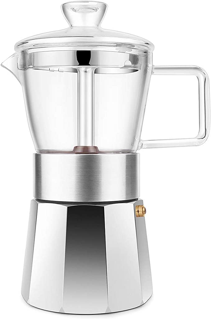 Geesta Premium Crystal Glass-Top Stovetop Espresso Moka Pot - 6 Cup - Coffee Maker with Durable Food-Grade Aluminum Bottom and Retro Shape