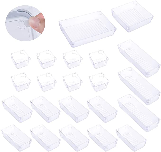 Beveetio Drawer Organizer Containers with Non-Slip Silicone Pads, 5-Size Clear Plastic Desk Drawer Dividers,Organizer Trays Storage Box for Makeup,Utensils in Bedroom Bathroom Dresser Office (22 Pack)