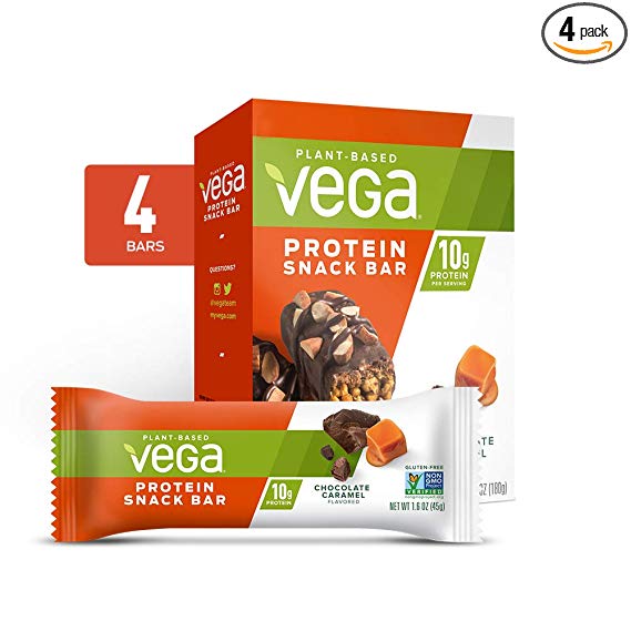 Vega Protein Snack Bar Chocolate Caramel (4 Count) - Plant Based Vegan Protein Bars, Non Dairy, Gluten Free, Non GMO