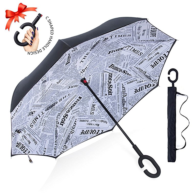 ZOMAKE Double Layer Inverted Umbrella Cars Reverse Umbrella, UV Protection Windproof Large Straight Umbrella for Car Rain Outdoor With C-Shaped Handle (Newsprint paper)