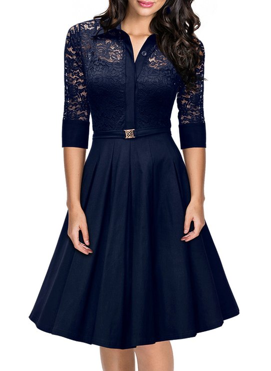 Missmay Womens Vintage 1950s Style 34 Sleeve Black Lace Flare A-line Dress