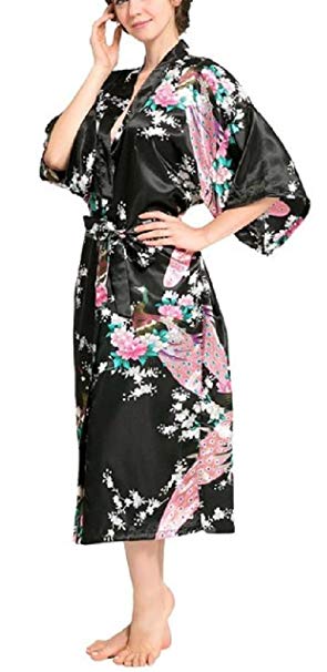 SexyTown Women's Long Floral Peacock Kimono Robe Satin Nightwear with Pockets