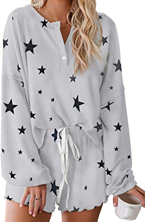 CANIKAT Women's Shorts Pajama Set Long Sleeve Tops Sleepwear Nightwear Loungewear Pjs