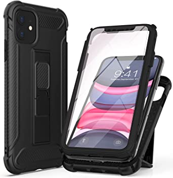 ORETECH Designed for iPhone 11 Case with [2 Tempered Glass Screen Protector][Built in Kickstand] Shockproof Hard PC Back Soft Rubber Edge Protective Case for iPhone 11 Cover Black, 6.1''