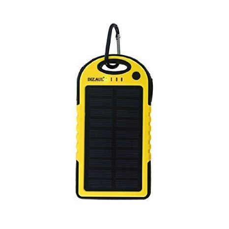 dizauL 5000mAh Solar Panel Waterproof Shockproof Portable Charger Backup External Battery Power Bank for iPhone 6 5S 5C 5 4S 4 iPad Air Apple Adapters not Included Samsung Galaxy S4 S3 S2 Note 3 Note 2 Most Kinds of Android Smart Phones and More Other Devices Yellow