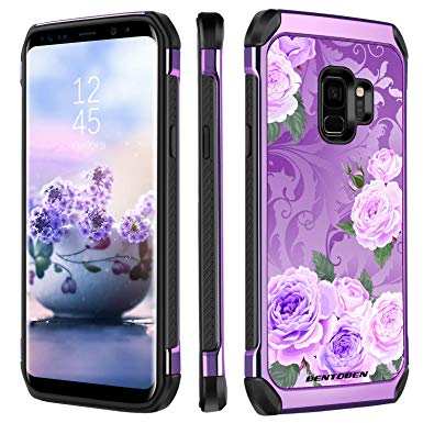 BENTOBEN Case for Galaxy S9 Flower Design Shockproof Girl Women 2 in 1 Faux Hard Case Soft Bumper Protective Stylish Phone Case Cover for Samsung Galaxy S9, Purple/Floral