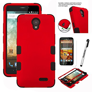 ZFIVE 2 Case, Phonelicious ZTE ZFIVE 2 [Heavy Duty] [Shock Absorption] [Drop Protection] [Hybrid] Rugged Impact Phone Tuff Cover   Screen Protector & Stylus (RED BLACK)