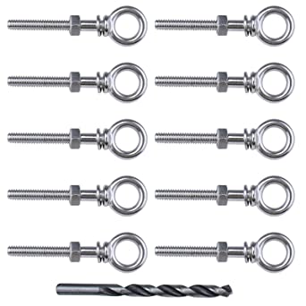 Muzata 10pack 1/4"-20 Eye Bolt Heavy Duty Shoulder Lifting Ring Threaded Eyebolts with Nuts Washers T316 Stainless Steel Marine Grade UNC-3A CR31