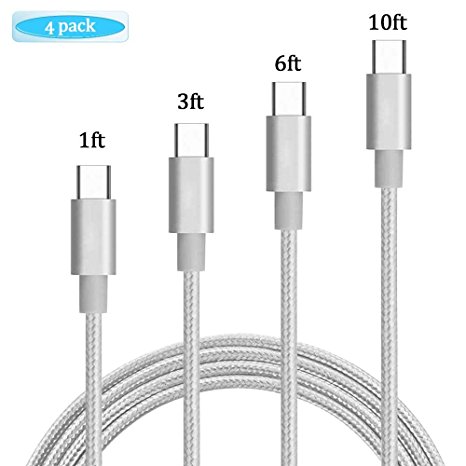 USB Type C Cable, AOKER [4 Pack 1ft/3ft/6ft/10ft] Extra Long Nylon Braided USB Type A to C Charger for Samsung Galaxy S8/ S8  Plus, LG G6 G5, Google Pixel, Nexus 6P 5X,  (1/3/6/10 Silver)