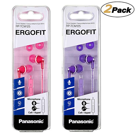 Panasonic ErgoFit Earbud Headphones with Mic and Controller RP-TCM125-P/V, (Pink Purple) [2Pack]