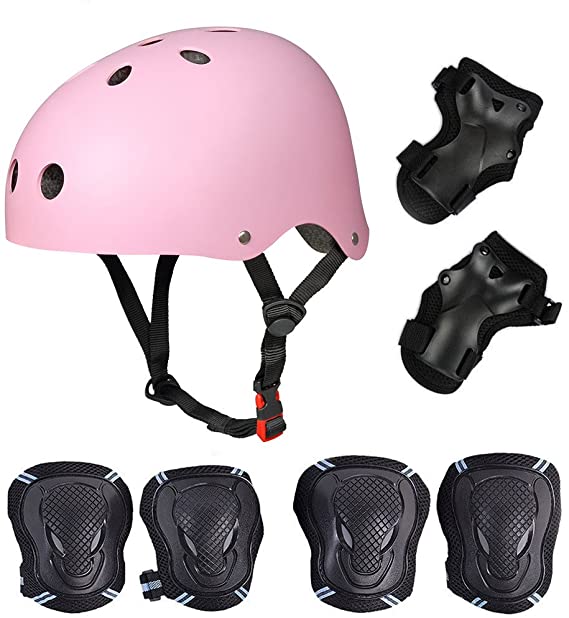 Besmall Kid's Protective Gear Set,Roller Skating Skateboard BMX Bike Cycling Sports Protective Gear Pads for Youth Boys Girls(Adjustable Helmet Knee Pads Elbow Pads Wrist Pads) Pink M