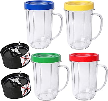 16oz Cups with Colored Lip Rings,Not Lids   2*Cross Blade Replacement Parts Compatible with Original Magic Bullet Blender Juicer 250W MB-1001