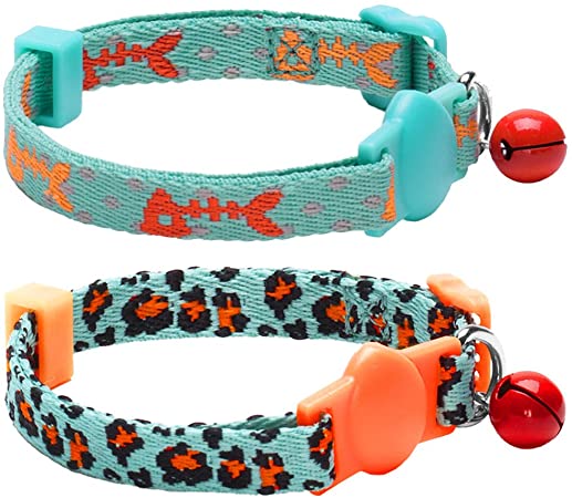 Blueberry Pet Pack of 2 Cat Collars, Hunting Expedition with Fish Bone and Leopard Print Adjustable Breakaway Cat Collar with Bell, Neck 23cm-33cm