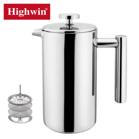 [Lighting Deal Today] Highwin 8-Cup/34-Ounce Double Wall Insulated Stainless Steel French Coffee Press, Durable Coffee Tea Maker with Stainless Steel Plunger