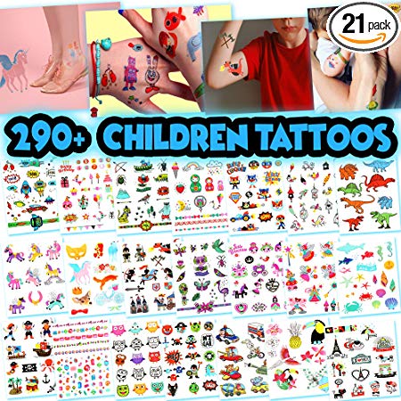 Kids Temporary Tattoos - More Than 290 Easy-to-Use Tattoos for Children (Assorted - 21 Sheets)