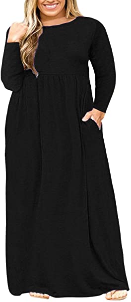 Nemidor Women Long Sleeve Loose Plain Casual Plus Size Long Maxi Dress with Pockets