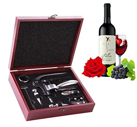 Vina® 9pcs Wine Opener Kit,Stainless Steel Red Wine Bottle Opener Rabbit Lever Corkscrew Wing Corkscrew, Aerator, Thermometer, Stopper, and Accessories Set with Dark Cherry Wood Case