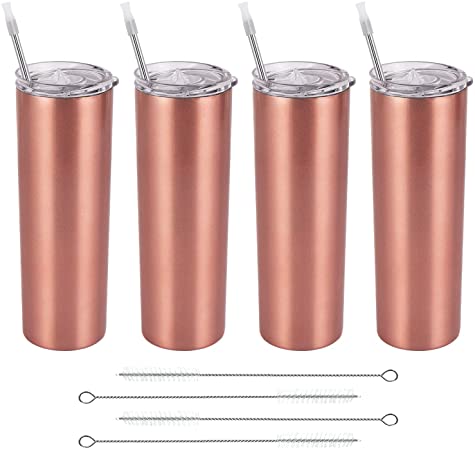 Stainless Steel Skinny Tumbler Set, Insulated Travel Tumbler with Closed Lid Straw, Skinny Insulated Tumbler, 20 Oz Slim Water Tumbler Cup for Coffee Water Hot Cold Drinks, Set of 4, Rose Gold