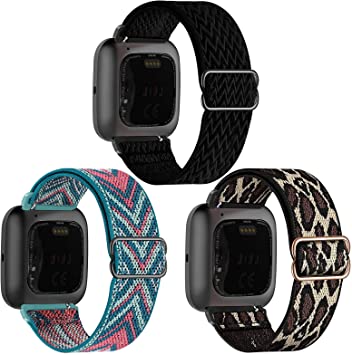 GBPOOT 3 Pack Elastic Watch Bands Compatible with Fitbit Versa/Versa 2/Versa Lite/Versa SE,Adjustable Nylon Stretchy Sport Wristband for Versa Smart Watch Women Men,Black/Storm Gray/Army Green