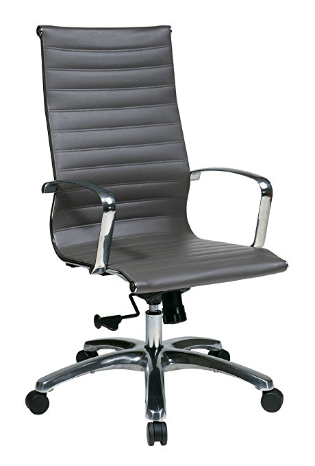 Office Star High Back Eco Leather Seat and Back, Locking Tilt Control and Polished Aluminum Arms and Base Executive Chair, Grey