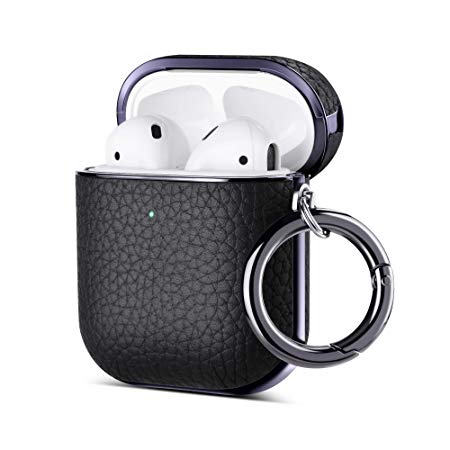 ULAK AirPods Case, Luxury Leather with Mirror Surface Plating Hard Cover, Shockproof Protective AirPod Accessories with Keychain for Apple AirPod Charging Case 2 & 1(LED Visible)(Black)