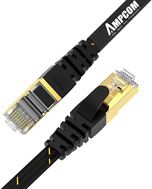 AMPCOM CAT7 Ethernet Cable (10G 600MHz), Shielded Flat RJ45 Network Patch Cord, 50u Gold Plated Lead, Polyester Braided - 6ft Black