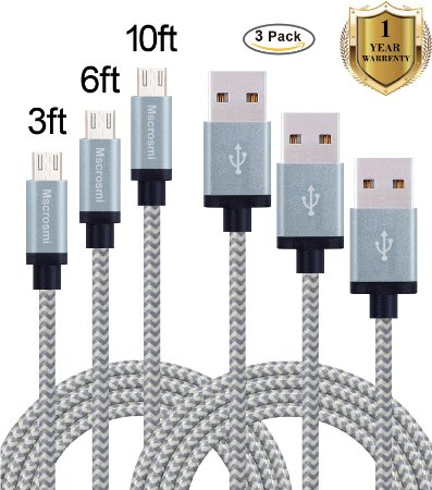 Mscrosmi 3 Pack 3FT 6FT 10FT Nylon Braided Tangle Free Micro USB Cable Charging and Data Transfer for Android, Samsung, HTC, Nokia, Sony and More (gray)