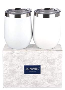 SUNWILL Insulated Wine Tumbler with Lid White 2 pack, Double Wall Stainless Steel Stemless Insulated Wine Glass 12oz, Durable Insulated Coffee Mug, for Champaign, Cocktail, Beer, Office