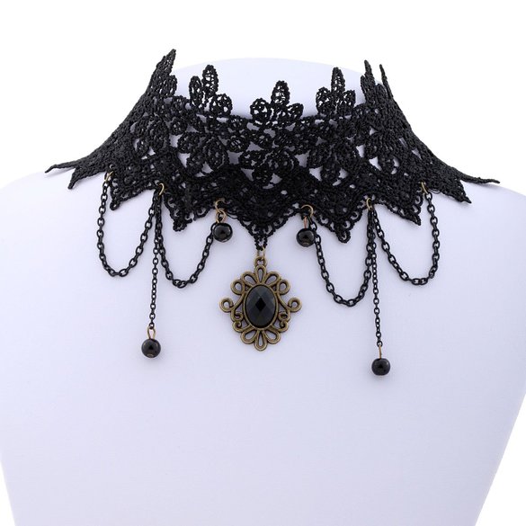 iNewcow Lolita Black Braided Fabric Lace Choker Beads Tassel Chain Necklace
