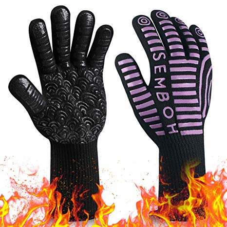 Semboh 932℉ Extreme Heat Resistant BBQ Gloves, Food Grade Kitchen Oven Mitts(B,P) (Purple, Palm Width 4.9 in)