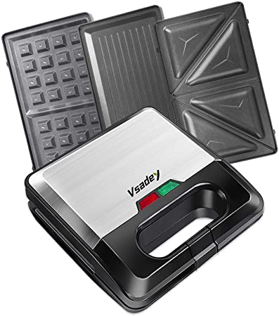 Vsadey Waffle Maker, 3-in-1 Sandwich Maker Waffle Iron and Panini Press Grill with Non-stick Coating, Detachable Plate, LED Operating Indicator, Cool Touch Handle
