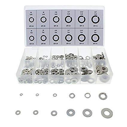 ABN Lock and Flat Washer 350-Piece Assortment Kit – Metric MM 6mm, 8mm, 10mm and SAE Inch 1/4in, 5/16in, 3/8in Washers