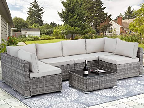 U-MAX 7 Pieces Outdoor Patio Furniture Set, Gray PE Rattan Wicker Sofa Set, Outdoor Sectional Furniture Chair Set with Grey Cushions and Tea Table