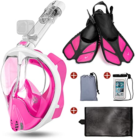 Odoland 5-in-1 Snorkeling Packages, Full Face Snorkel Mask with Adjustable Swim Fins and Lightweight Backpack and Waterproof Case -