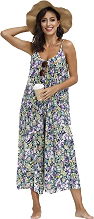 BUENOS NINOS Women's V Neck Floral Maxi Dress Boho Printed Adjustable Spaghetti Strap Ethnic Beach Long Dress with Pockets