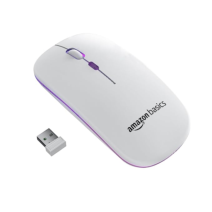 AmazonBasics Rechargeable Wireless Mouse with RGB LED Backlit 1600 DPI Ergonomic Mouse for Laptop, PC