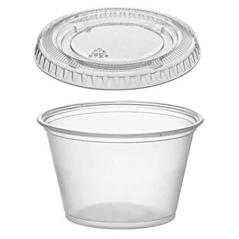 (125 Pack) 1-Ounce Plastic Portion Cups with Lids, Small Clear Plastic Condiment Cups/Sauce Cups, Disposable Souffle Cups/Jello Shot Cups by Tezzorio