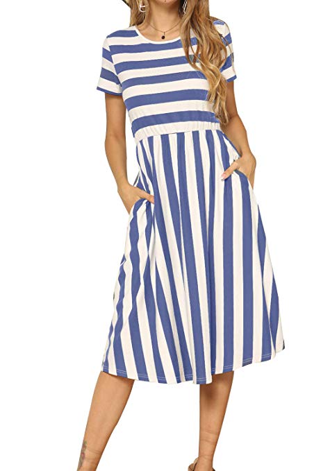 levaca Women's Casual Short Sleeve Striped Swing Midi Dress with Pockets