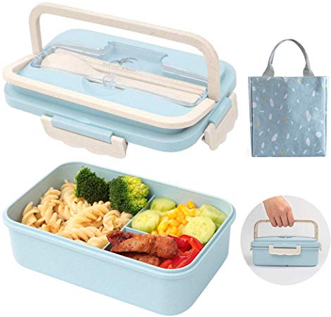 SAYOPIN Bento Box for Kids & Adults 3 Compartment, Wheat Fiber, Leak-Proof and Microwave-Safe Japanese Bento Lunch Box With Handle (Blue)