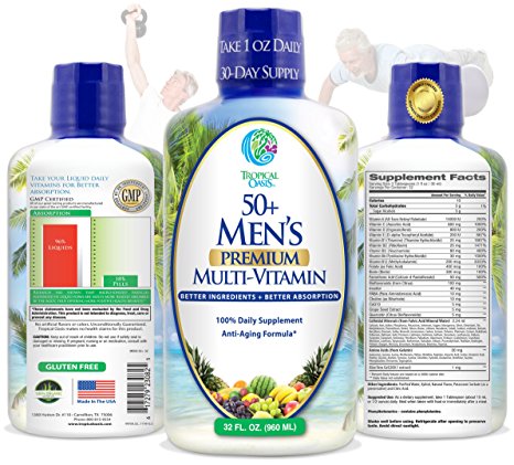 Tropical Oasis Men's 50  Premium Multivitamin- Superfood & Anti-Aging Liquid Multivitamin for Men Over 50. 100  Ingredients support healthy muscles, bones, heart & brain functions* -1mo Supply